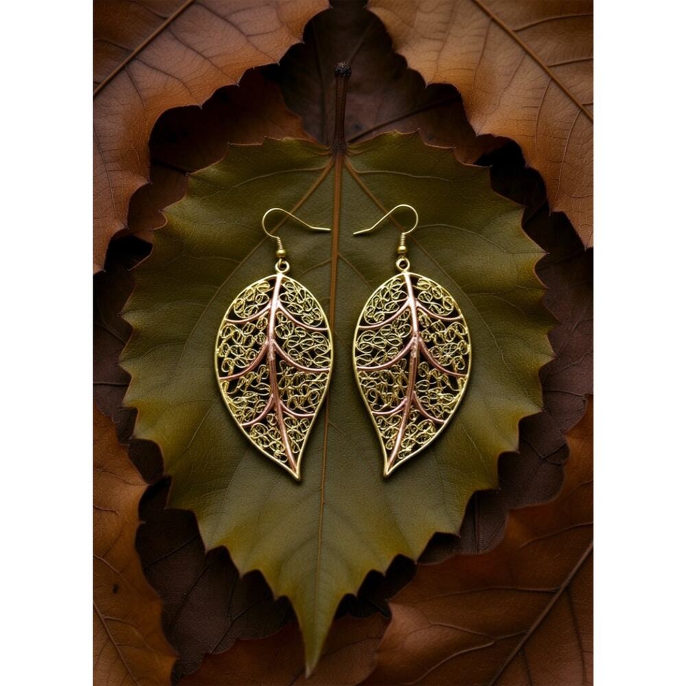 Gold Filigree Leaf Pendant Necklace Large 2.75” Nature Statement Jewelry